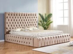 Lit Design Capitonné Velours Beige Kouma 140x190 Cm