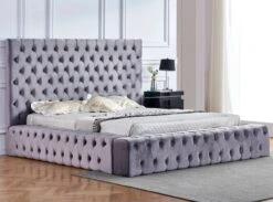 Lit Design Capitonné Velours Gris Kouma 160x200 Cm