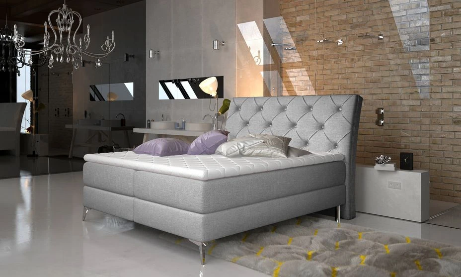 Lit Design Continental Avec Tête De Lit Capitonnée Strass Tissu Gris Clair Banky 4 Lit Design Continental Avec Tête De Lit Capitonnée Strass Tissu Gris Clair Banky – Image 2