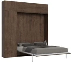 Lit Escamotable 120x190 Cm Avec 1 Colonne De Rangement 2 Meubles Hauts Bois Noyer Kanto
