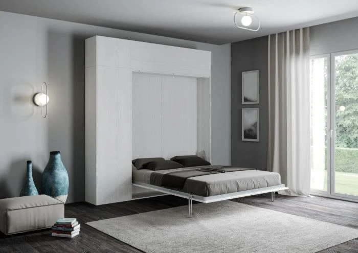 Lit Escamotable 140x190 Cm Avec 1 Colonne De Rangement 2 Meubles Hauts Bois Blanc Kanto 5 Lit Escamotable 140x190 Cm Avec 1 Colonne De Rangement 2 Meubles Hauts Bois Blanc Kanto – Image 3