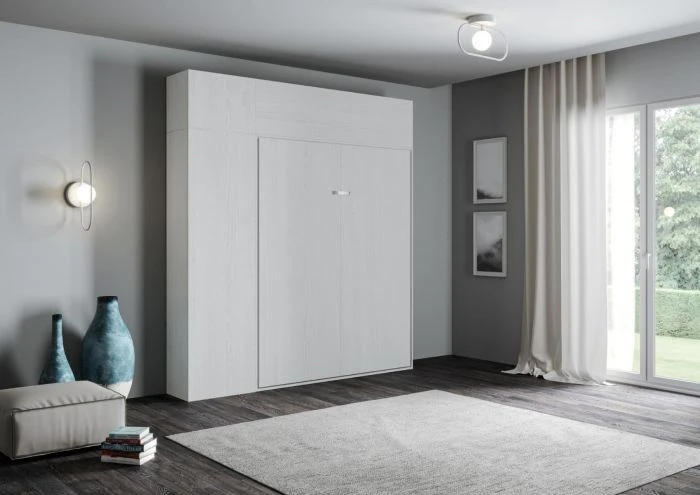 Lit Escamotable 140x190 Cm Avec 1 Colonne De Rangement 2 Meubles Hauts Bois Blanc Kanto 4 Lit Escamotable 140x190 Cm Avec 1 Colonne De Rangement 2 Meubles Hauts Bois Blanc Kanto – Image 2