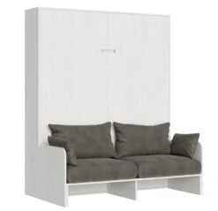 Lit Escamotable Vertical Bois Frêne Blanc 160x190 Cm Avec Canapé Kanto