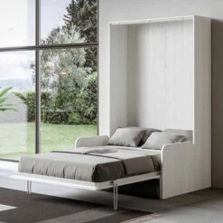 Lit Escamotable Vertical Bois Frêne Blanc 160x190 Cm Avec Canapé Kanto -Pas Cher Lit Magasin lit escamotable vertical bois frene blanc 160x190 cm avec canape kanto 8050598026830 475654