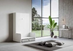 Lit Escamotable Vertical Bois Frêne Blanc 160x190 Cm Avec Canapé Kanto -Pas Cher Lit Magasin lit escamotable vertical bois frene blanc 160x190 cm avec canape kanto 8050598026830 671079