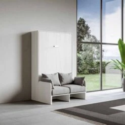 Lit Escamotable Vertical Bois Frêne Blanc 160x190 Cm Avec Canapé Kanto -Pas Cher Lit Magasin lit escamotable vertical bois frene blanc 160x190 cm avec canape kanto 8050598026830 671082