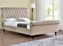 Lit Moderne Tête De Lit Haute Capitonnée Tissu Beige Kapy 140x190 Cm