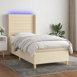 Sommier Tapissier Avec Matelas Et LED Crème 100x200 Cm Tissu