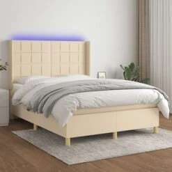 Sommier Tapissier Avec Matelas Et LED Crème 140x190 Cm Tissu