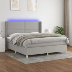 Sommier Tapissier Matelas Et LED Gris Clair 160x200 Cm Tissu